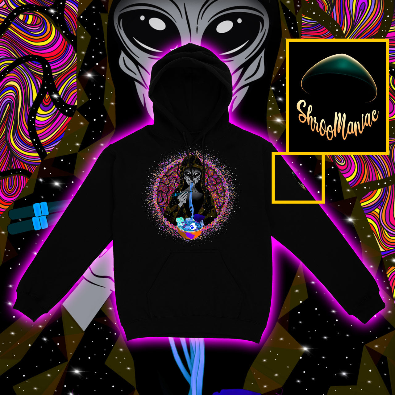 Alien Ramen |Shroomaniac| sychedelic and Psytrance Alien UFO Hoodie