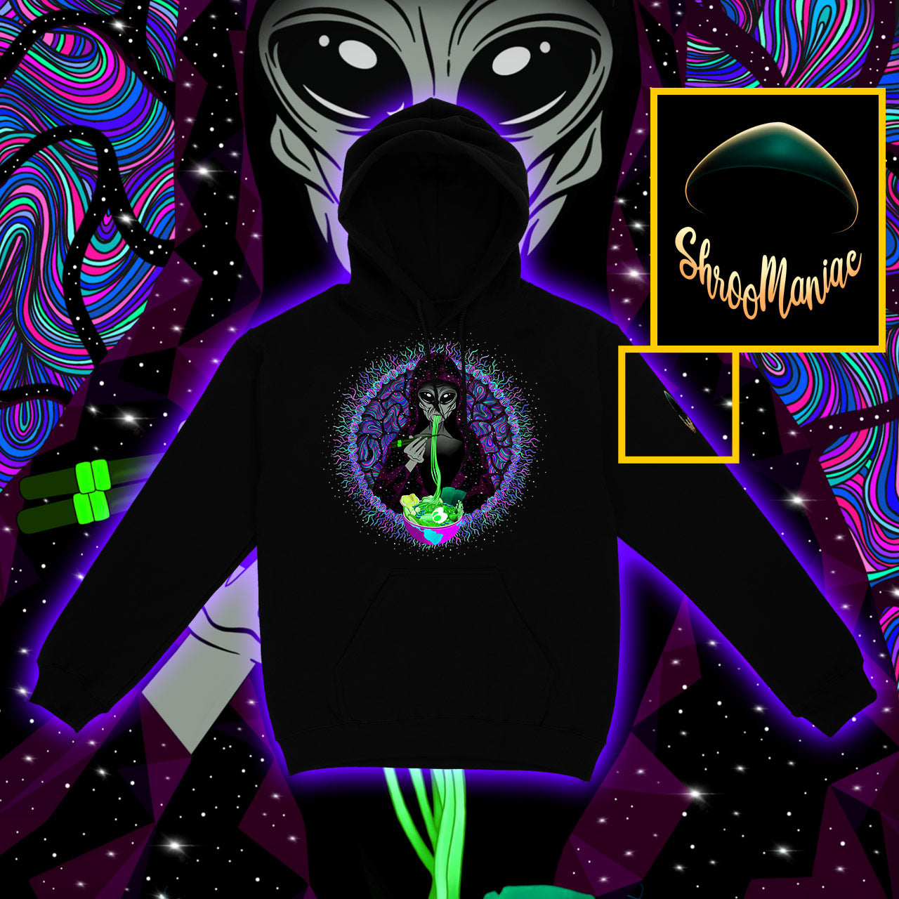 Alien Ramen |Shroomaniac| sychedelic and Psytrance Alien UFO Hoodie