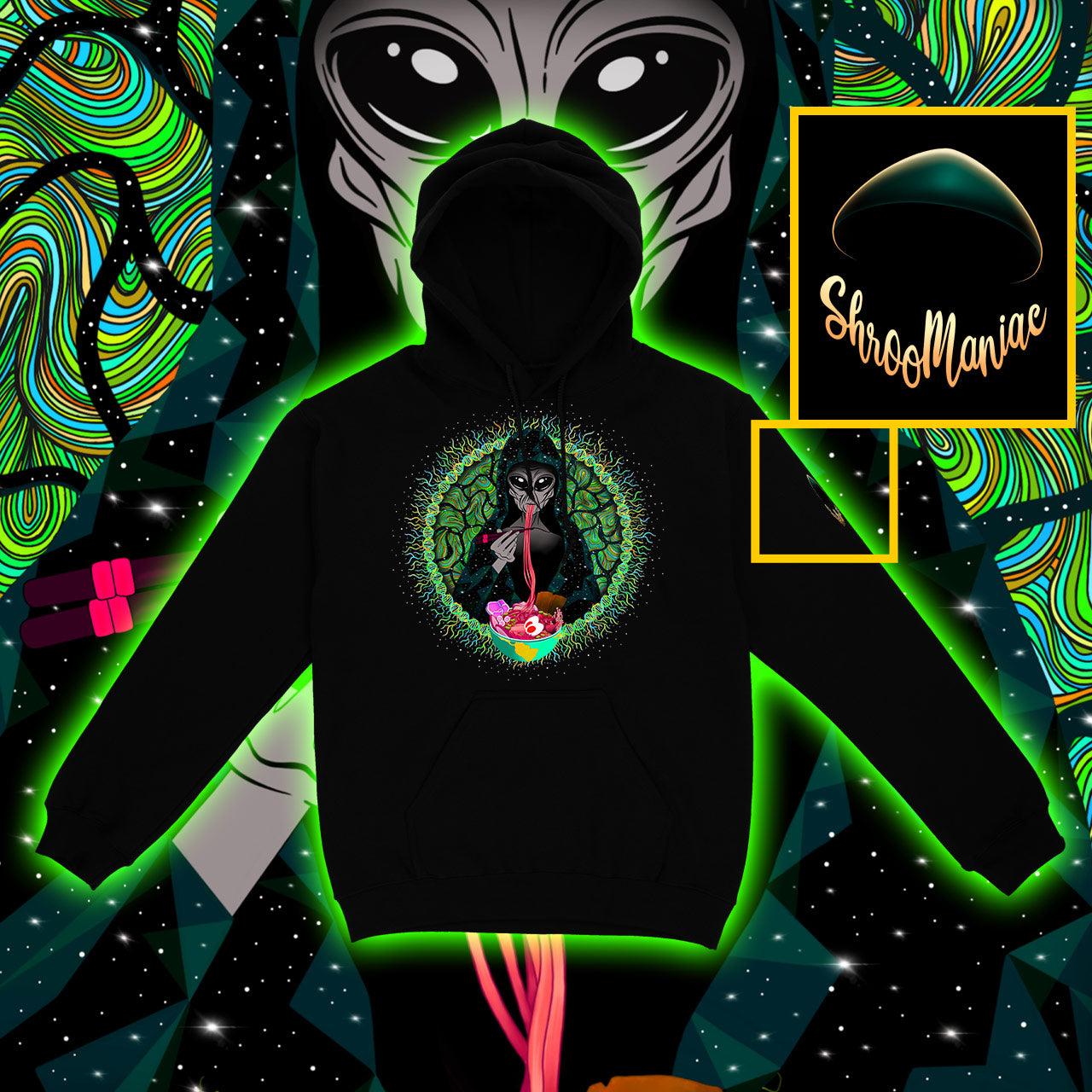 Alien Ramen |Shroomaniac| sychedelic and Psytrance Alien UFO Hoodie
