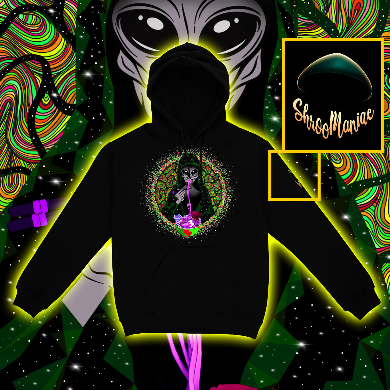 Alien Ramen |Shroomaniac| sychedelic and Psytrance Alien UFO Hoodie