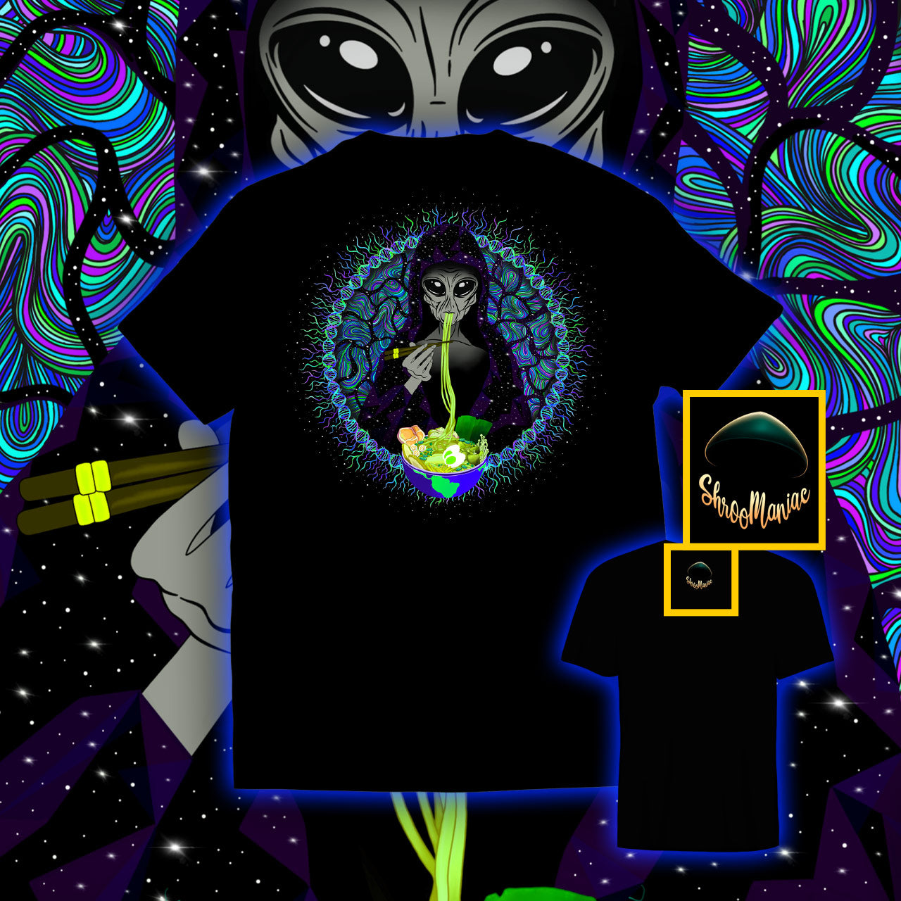 Alien Ramen |Shroomaniac| Psychedelic and Psytrance Alien UFO T-Shirt
