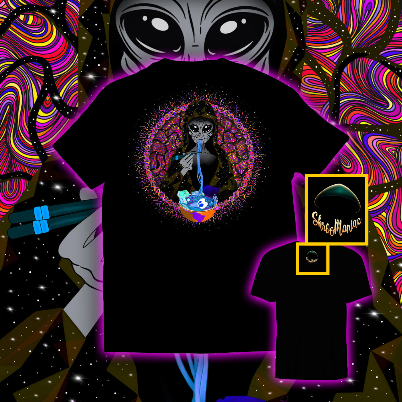 Alien Ramen |Shroomaniac| Psychedelic and Psytrance Alien UFO T-Shirt