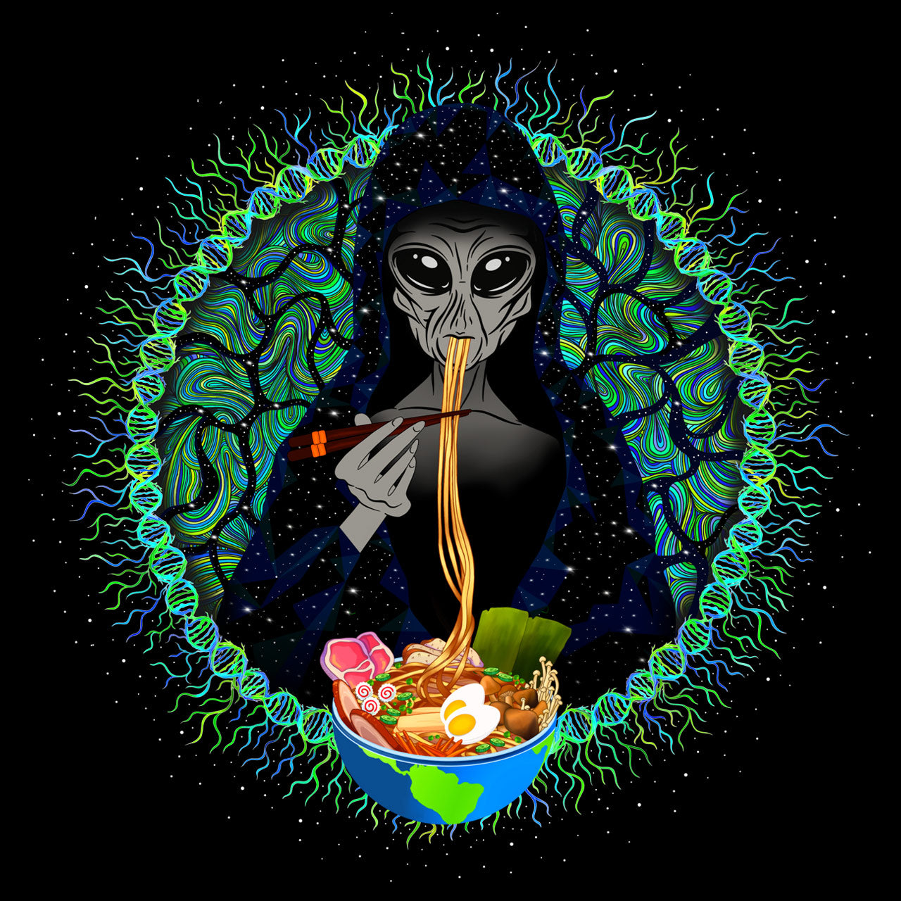 Alien Ramen |Shroomaniac| Psychedelic and Psytrance Alien UFO T-Shirt