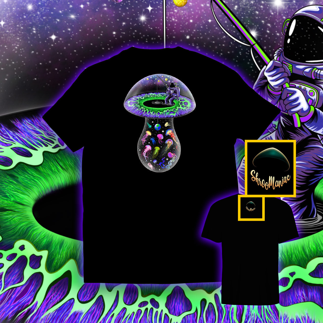 Trippin on Space Mushrooms |Shroomaniac| Psychedelic and Psytrance Mushroom T-Shirt